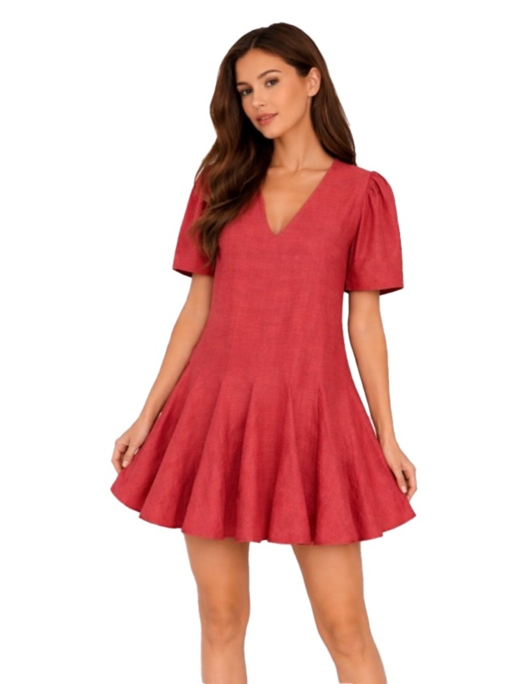 Rhode Resort slubbed silk, pleated minidress. Chili red. Size XS